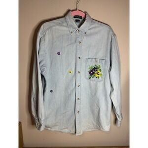 LA Loving Womens Light Wash Denim‎ Embroidered Pansy Floral Button Down Shirt M